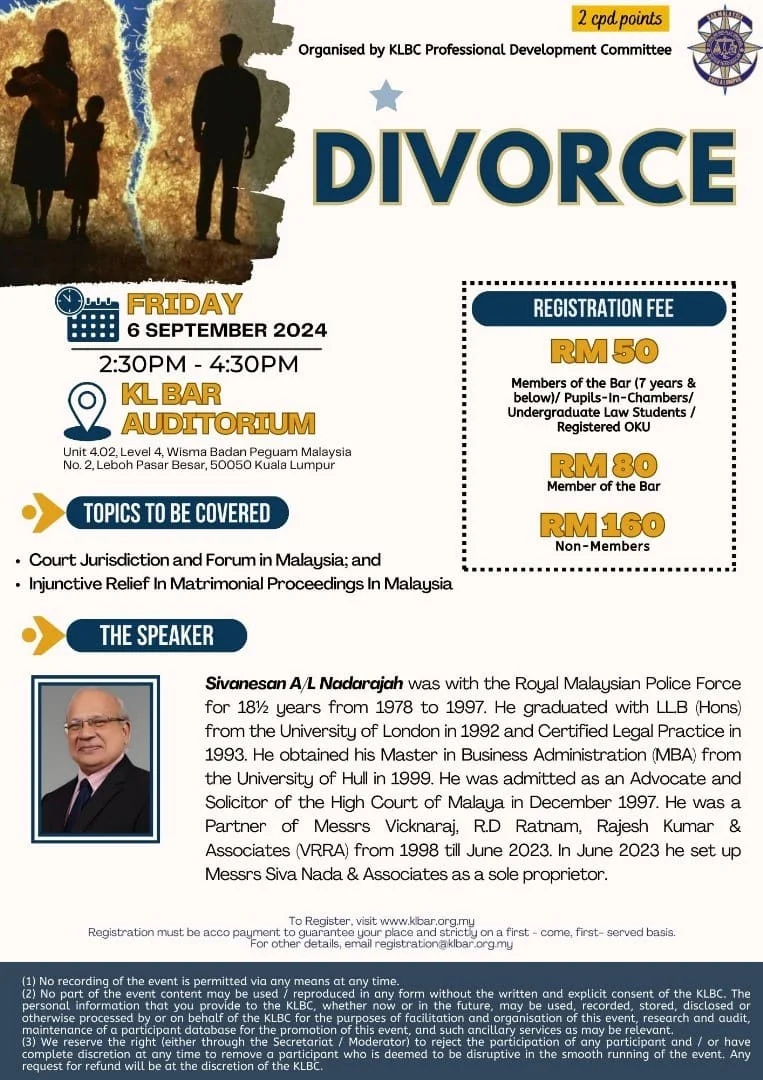 KL Bar Professional Development Committee seminar — "Injunctive Relief In Matrimonial Proceedings in Malaysia", 6 September 2024